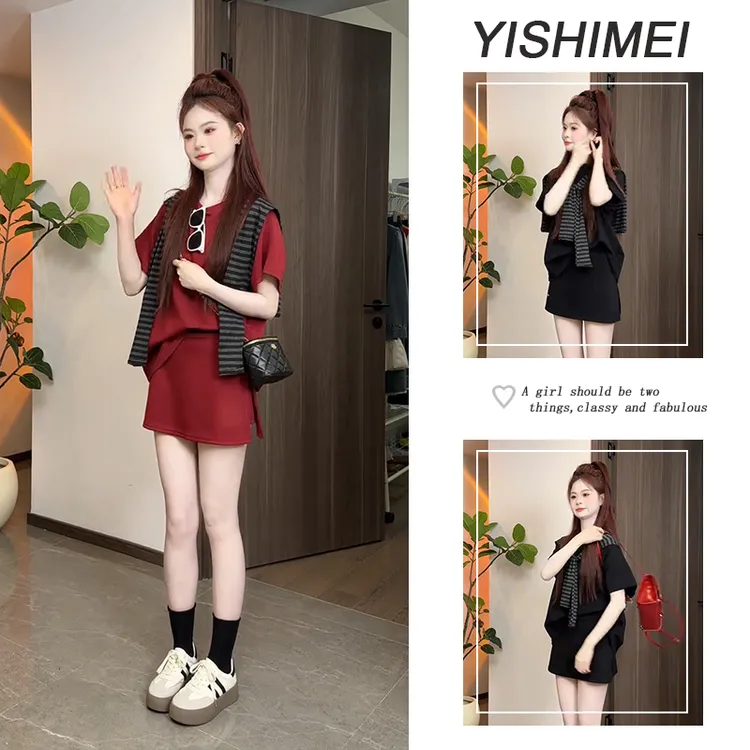 夏日绝美套装穿搭一整2025女新款韩系减龄披肩短袖百搭短裙三件套