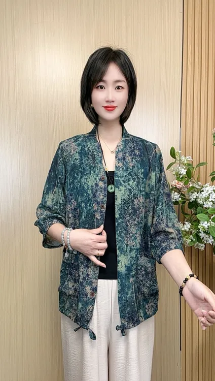 印花时尚气质减龄休闲宽松七分袖妈妈装上衣01