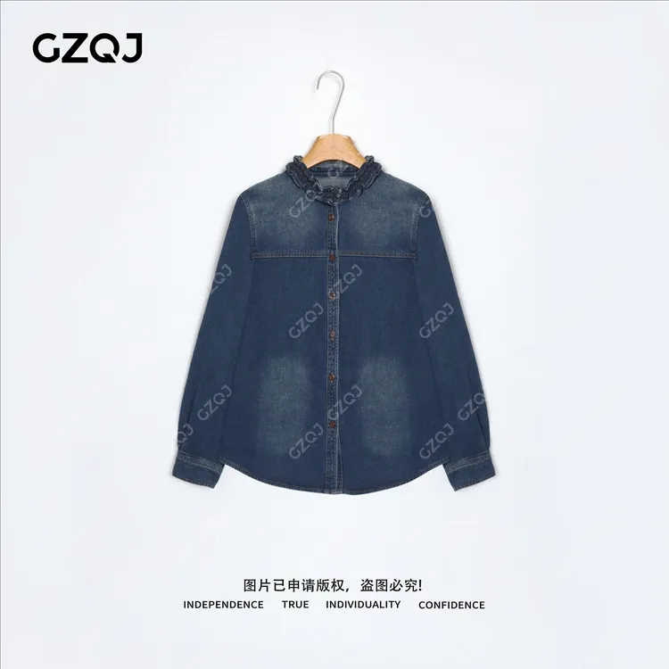 老琴私服【文艺序曲】复古港风花边领磨毛加薄绒牛仔衬衫女冬09078