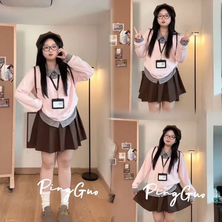 秋季新款韩系少女风大码胖MM叠穿假两件上衣加厚裤裙套装