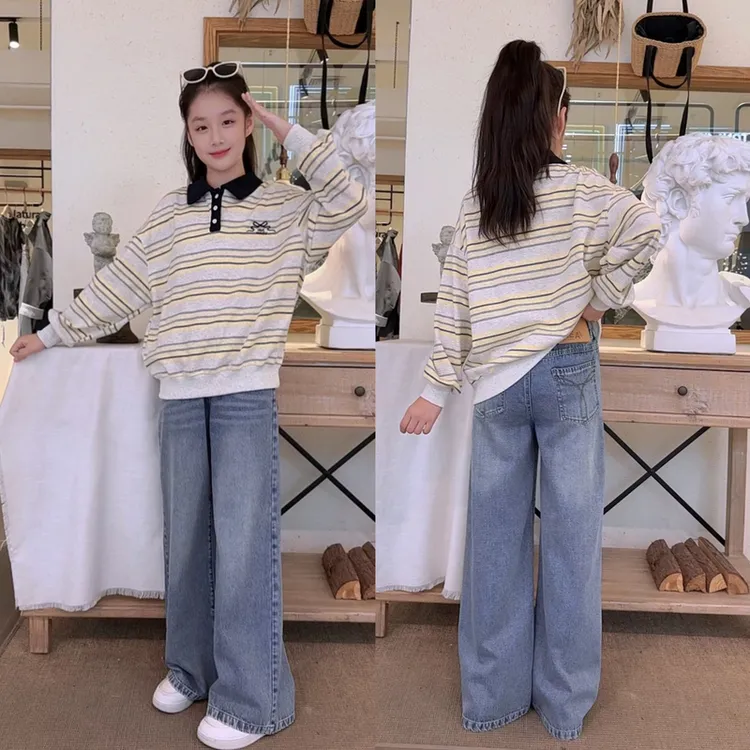 女童秋季长裤条纹休闲卫衣时尚百搭中大童女孩显瘦长袖上衣牛仔裤