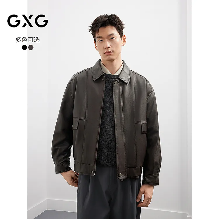 【新品】GXG男装复古夹克宽松真皮皮衣外套25年秋羊皮#G25D123002