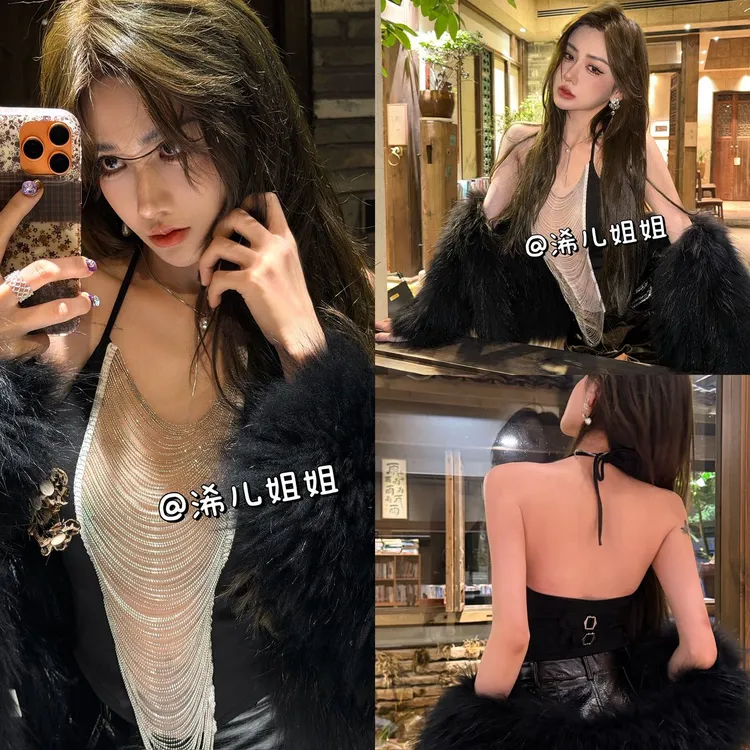 水钻流苏挂脖吊带背心上衣