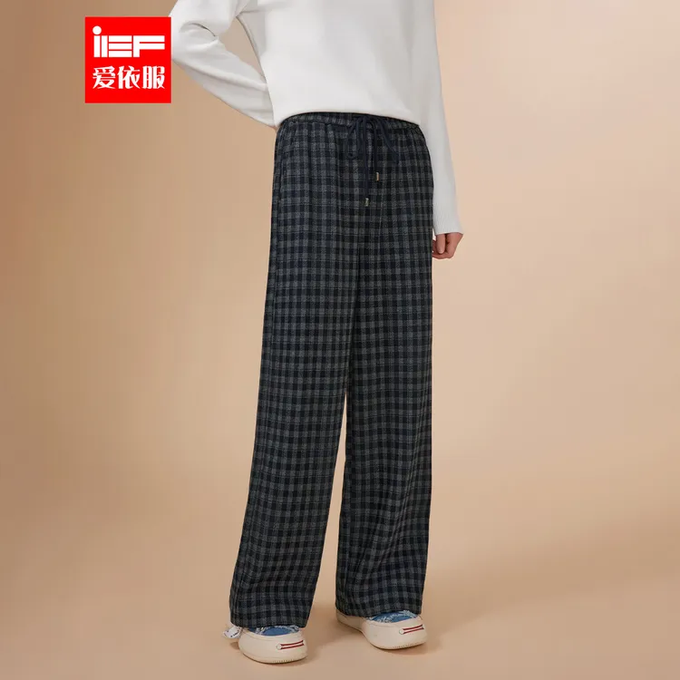IEF/爱依服2025冬季加绒加厚休闲阔腿裤宽松格子百搭高腰