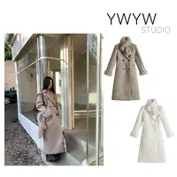 气质毛毛手袖一体羊毛毛呢双排扣大衣+调节仿狐绒围脖配饰5888