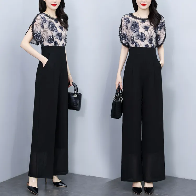 夏季2025新款修身显瘦雪纺连体阔腿裤套装女气质一体式连身连衣裤