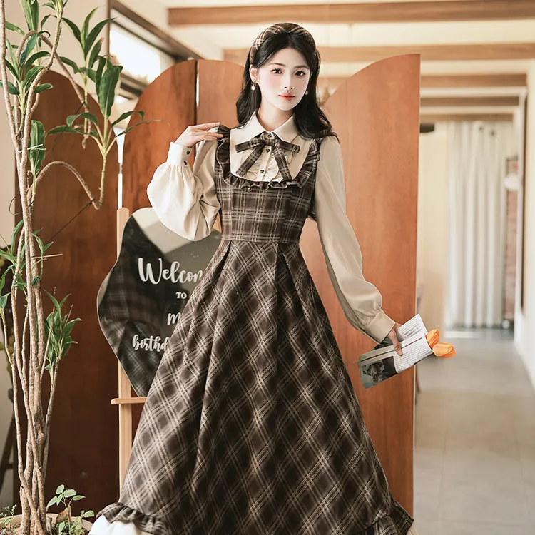 学院风格纹长袖田园风格子连衣裙收腰法式复古格子假两件长裙8075