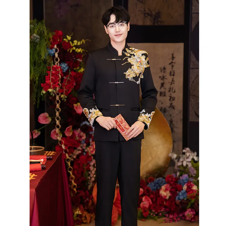 新中式男装中山装男士结婚西服套装新郎订婚服礼服敬酒服时尚修身