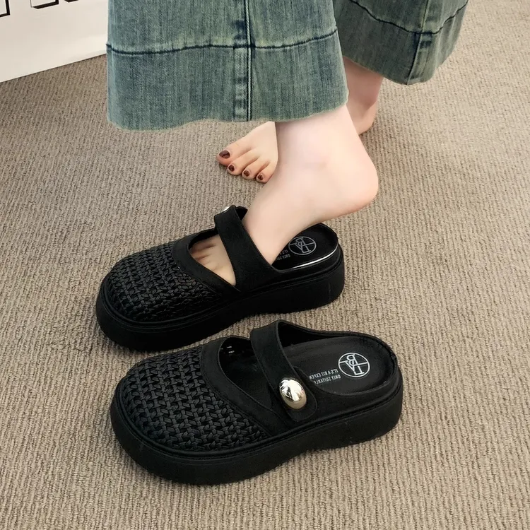 厚底法式包头半拖鞋外穿女鞋2025夏季新款网面透气舒适一脚蹬凉拖