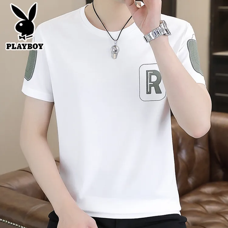 花花公子t恤男士短袖2025夏季新款修身潮流圆领体恤白色薄款衣服