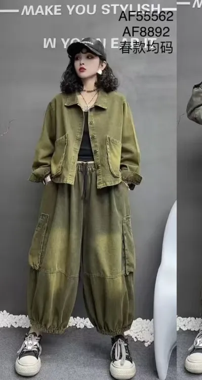 炒色砂洗幻彩牛仔套装女春季休闲工装风