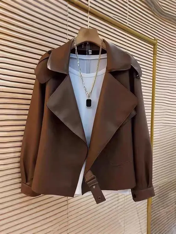 大码女装2025春季新款胖mm 时尚洋气显瘦水洗皮u夹克宽松百搭上衣