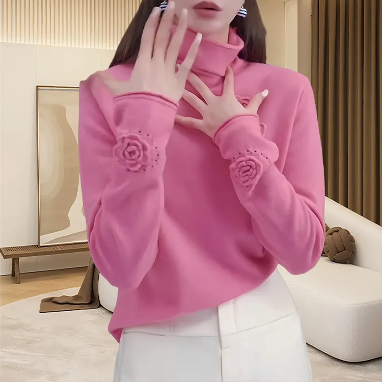 半高领毛衣打底衫女款2025新款春秋清冷系衣服花朵粉色针织衫上衣