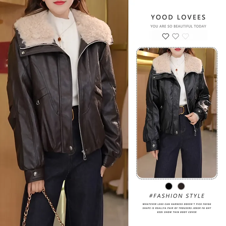 复古工装风皮毛一体加绒皮衣女2025秋冬新款设计感大翻领拉链上衣