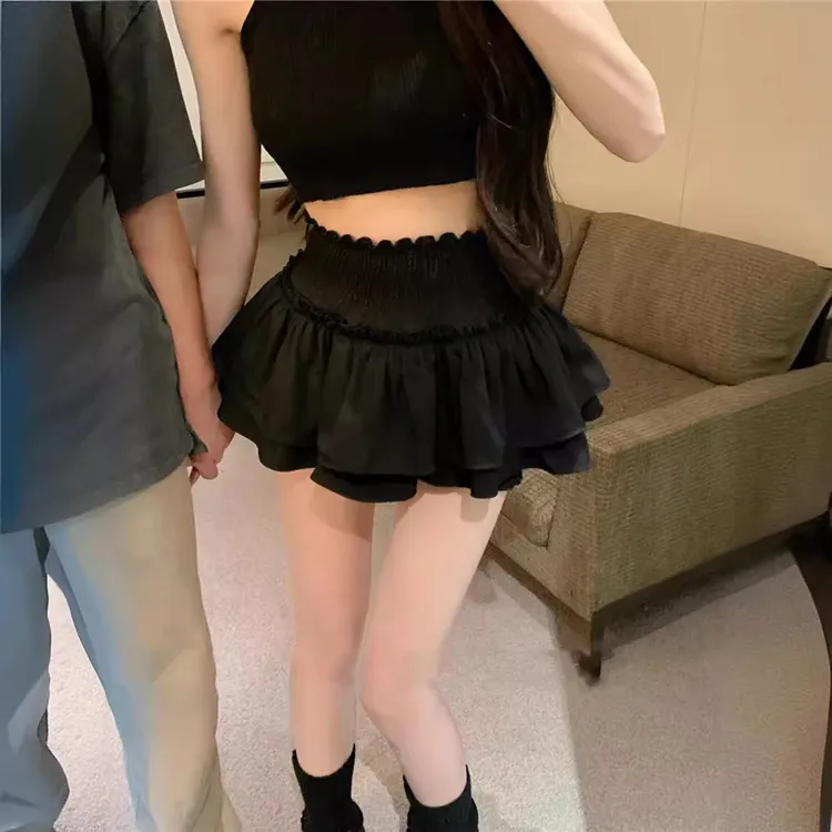 黑色褶皱半身裙女夏季芭蕾风蛋糕裙子高腰显瘦a字裙防走光短裤裙