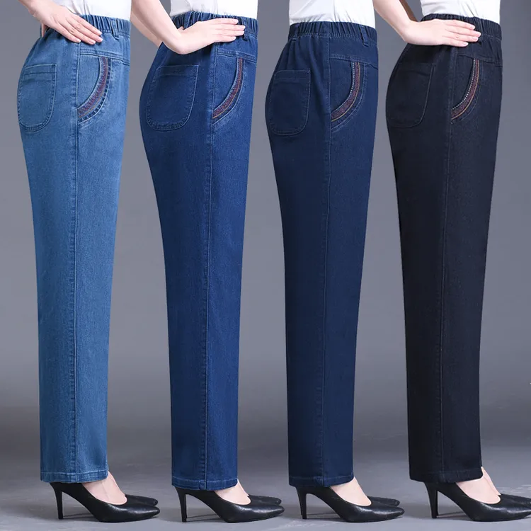 妈妈牛仔裤女春秋款高腰宽松直筒松紧腰弹力中老年人长裤大码蓝色