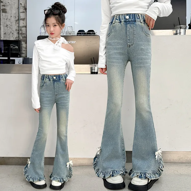 女童裤子春秋款2025新款中大童网红潮款女孩秋装洋气牛仔微喇叭裤