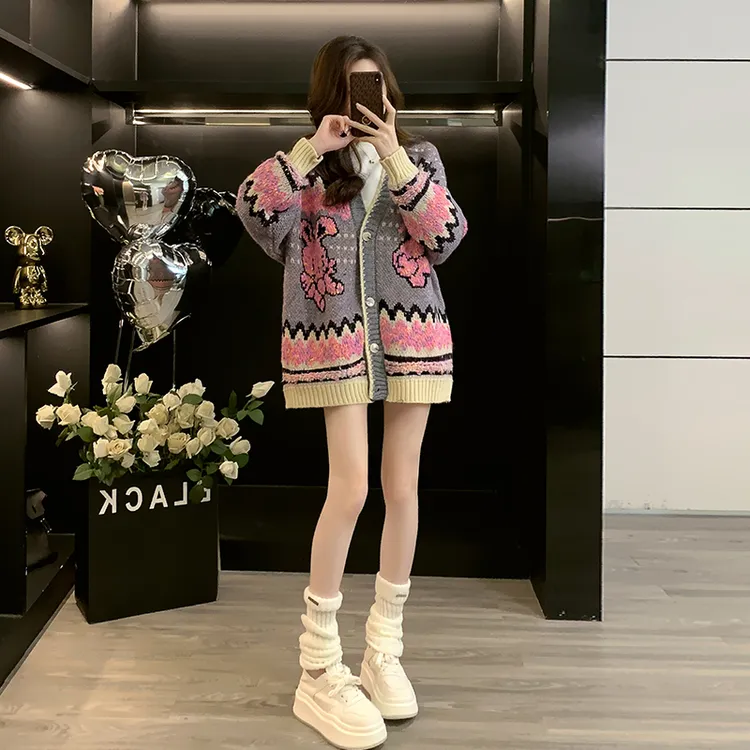 秋冬新款时尚慵懒风毛衣女独特设计感百搭显瘦宽松针织开衫外套