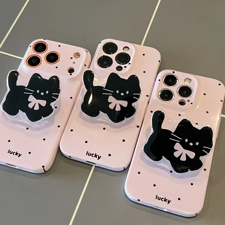 奥菲顿粉底波点黑猫支架适用苹果17/16菲林手机壳华为vivoppo小米