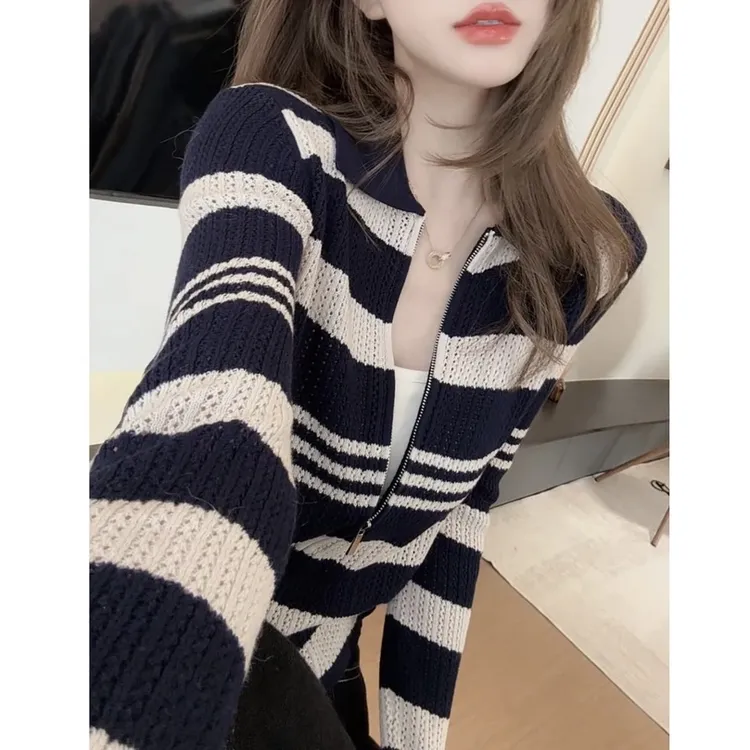 【CHEN】 时尚拼色减龄显瘦长袖拉链polo领针织衫24100302