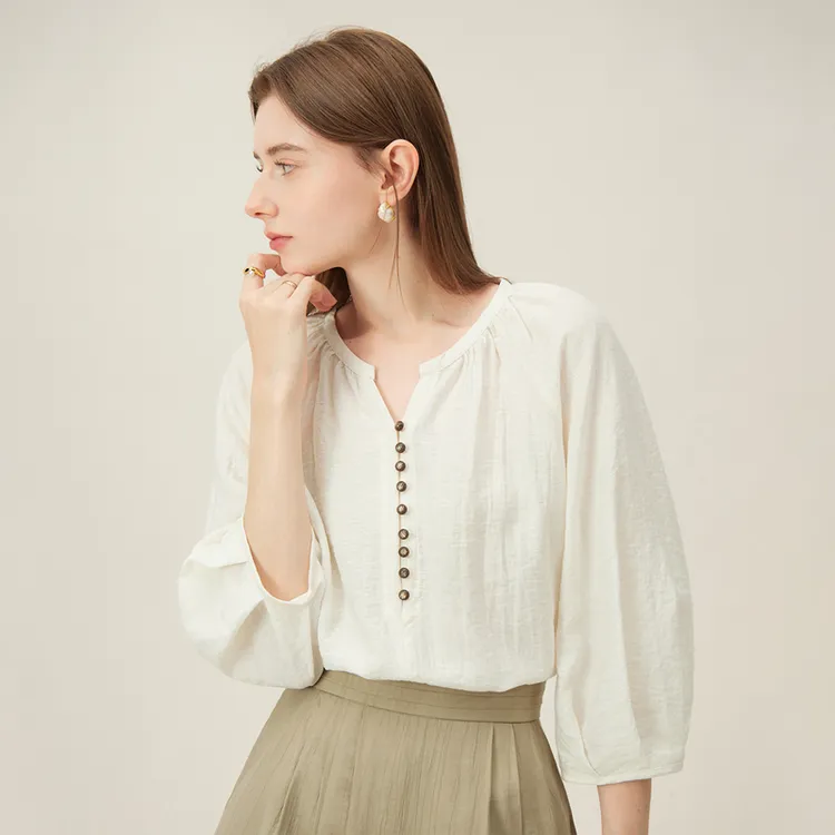 法式亚麻衬衫女夏款七分袖宽松慵懒风气质通勤上衣1688