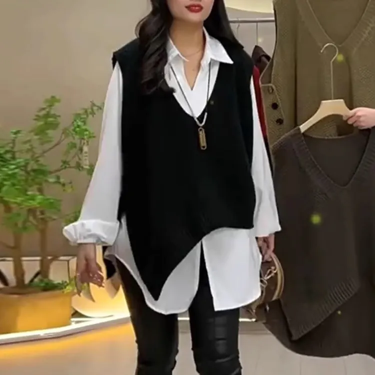 春季新款休闲女装叠穿设计感不规则v领针织马甲宽松显瘦气质上衣