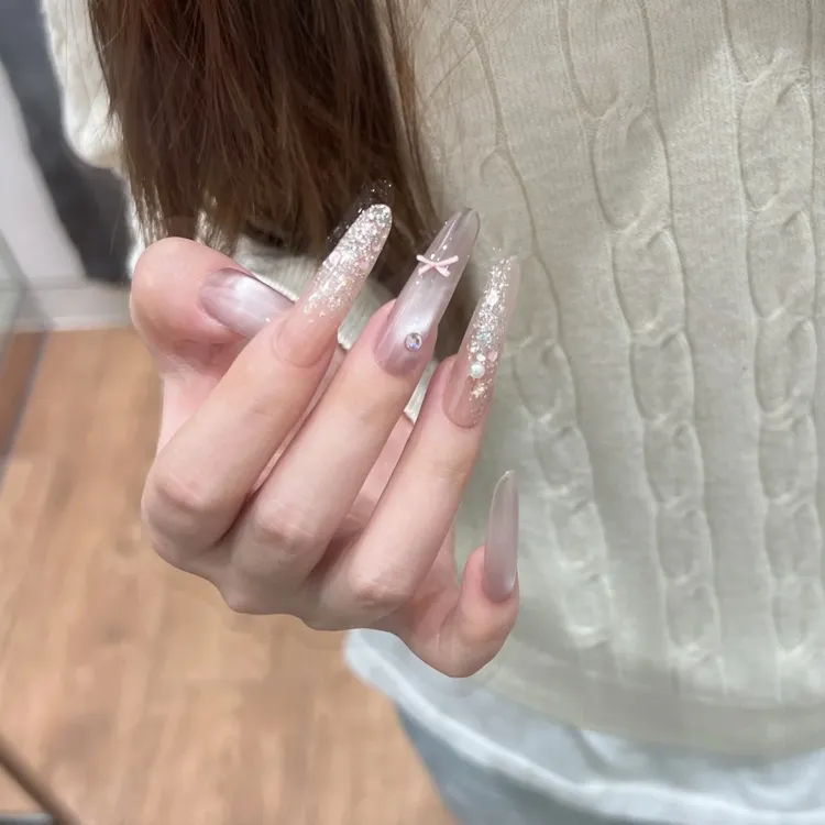 【糖晶】长款甜美粉色猫眼纯手工穿戴甲爆闪清新纯欲美甲美甲贴片