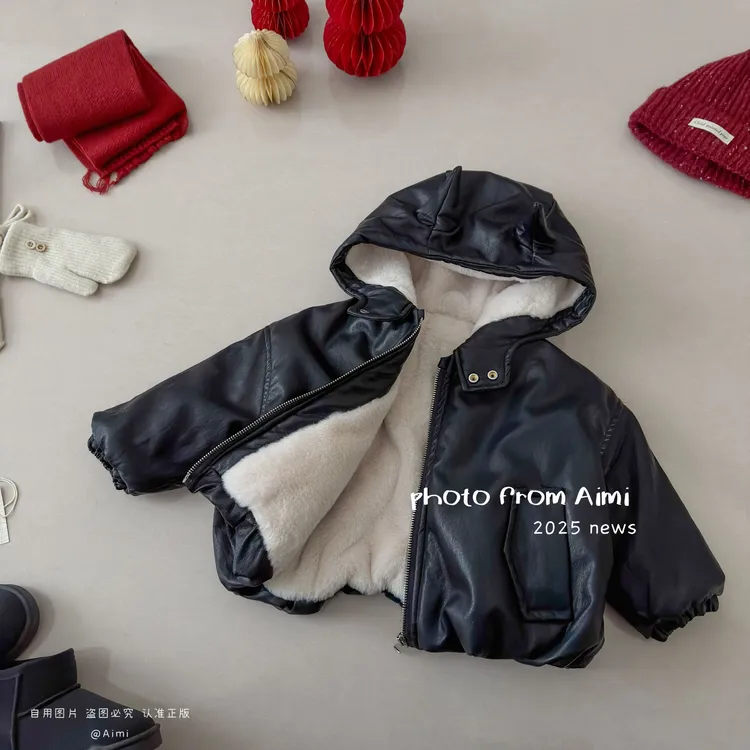 儿童加绒冬款皮衣外套可爱洋气保暖上衣百搭冬季男女宝帅气拉链衫