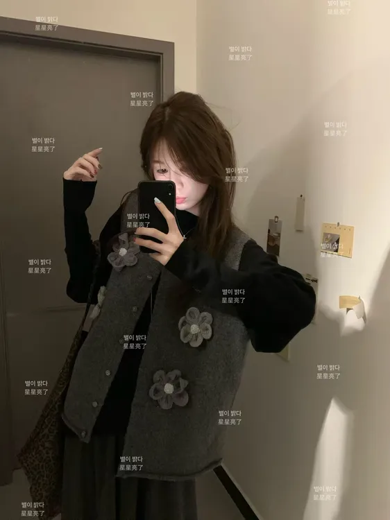 韩系穿搭慵懒风休闲秋季提花针织无袖马甲背心马甲显瘦上衣