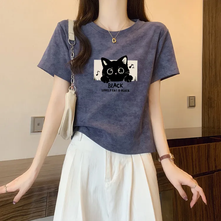 2025新款美式甜辣短袖t恤女夏季宽松显瘦扎染复古设计感正肩上衣