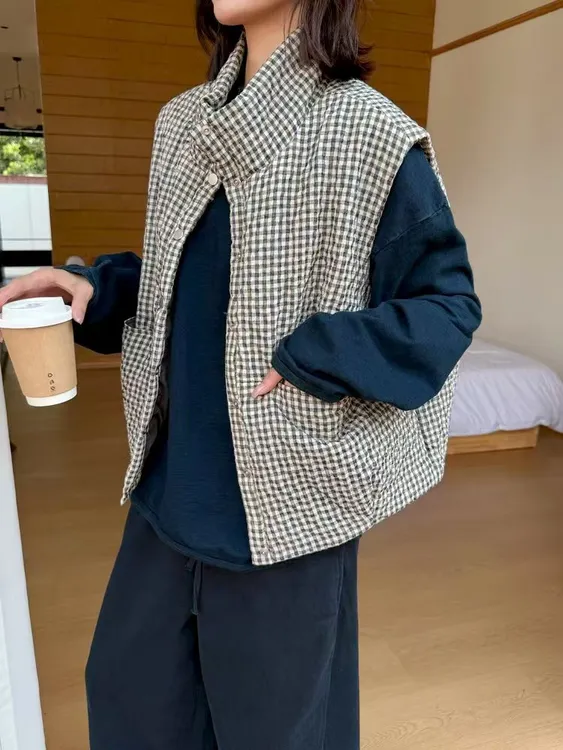 秋冬上新 进口棉麻泡泡纱格子棉小立领马甲