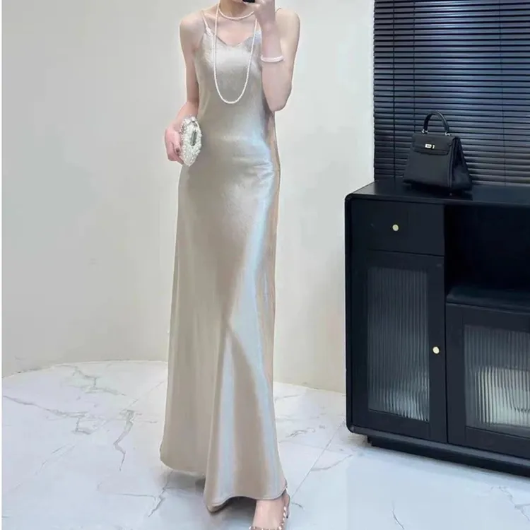 【肩带可调节】高级夏季显瘦吊带连衣裙女醋酸缎面v领鱼尾裙长裙子