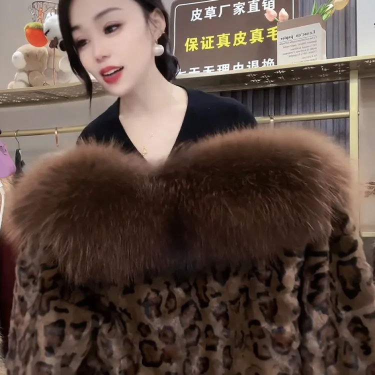 【专柜品质】高端进口水貂毛大衣55衣长豹纹毛皮草大衣搭配貉毛领