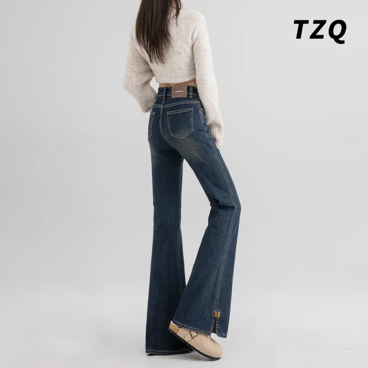 蝴蝶结微喇牛仔裤女爆款2025新款高腰显瘦秋季加绒弹力喇叭裤
