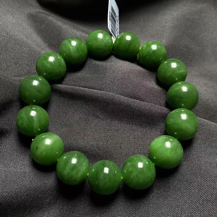 【迈越珠宝】天然和田玉菠菜绿碧玉手串高油老料中国风单圈手串14mm