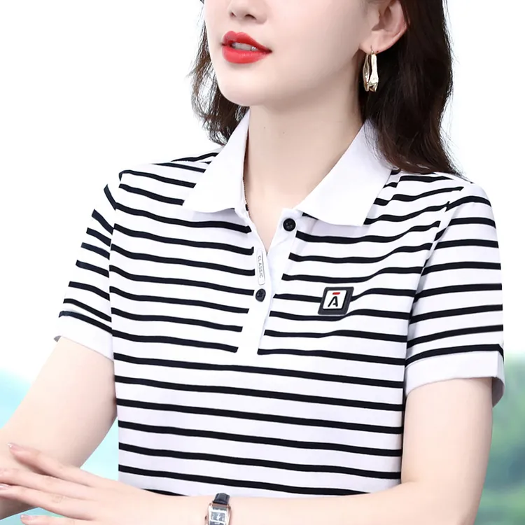 条纹韩版短袖t恤女夏季新款女装翻领妈妈装棉质运动有领polo衫T