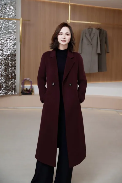 玛莎紫冬季加厚气质100%纯羊毛外套红色休闲时尚毛呢大衣长款秋冬
