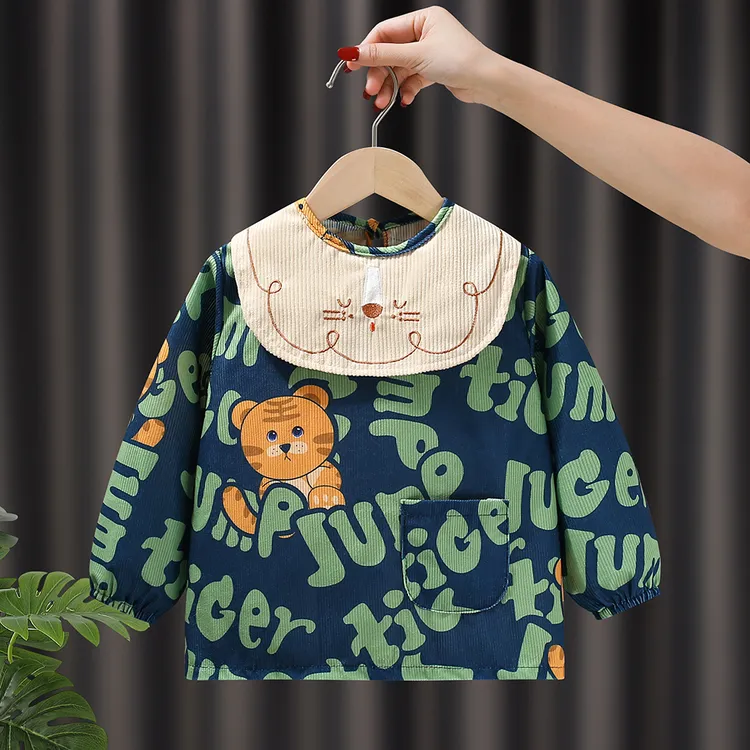 灯芯绒儿童罩衣宝宝吃饭围兜防水防脏秋冬男女小孩婴儿围裙反穿衣