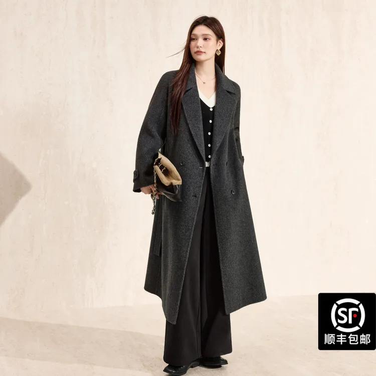 蓝语大码高级感全羊毛灰色双面呢子大衣冬季气质毛呢外套女13960