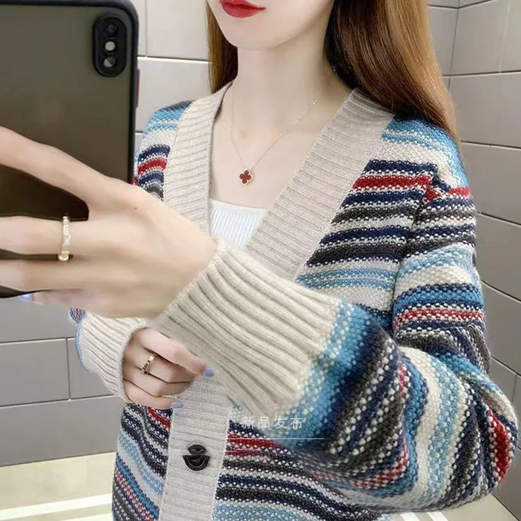 【奢牌原单】6027彩虹色宽松条纹针织开衫女士毛衣外套慵懒