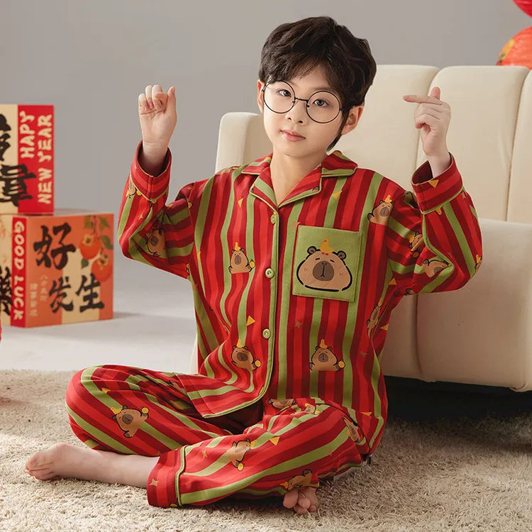 【新年限定】儿童睡衣春秋季2025年红色纯棉长袖卡通男童家居服套装