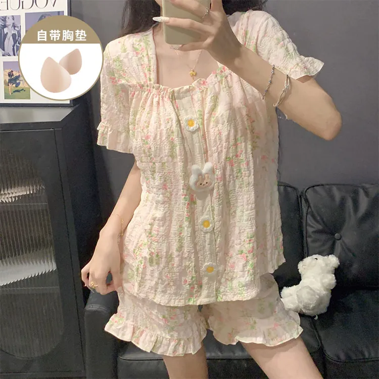 甜美风花朵带胸垫短袖睡衣女款夏季爆款云朵棉女士短裤家居服套装