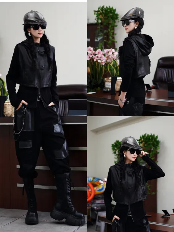 张姐潮牌皮绒加绒拼接假两件黑色长袖T恤1013款时尚百搭