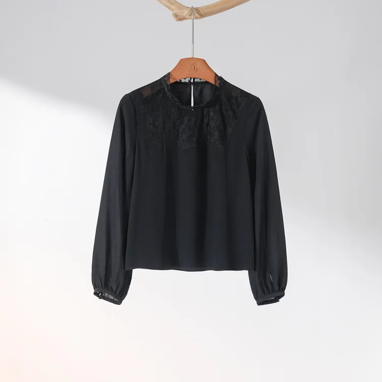 西子/【朝露漫春】重磅桑蚕丝拼蕾丝黑色上衣/SYYF093