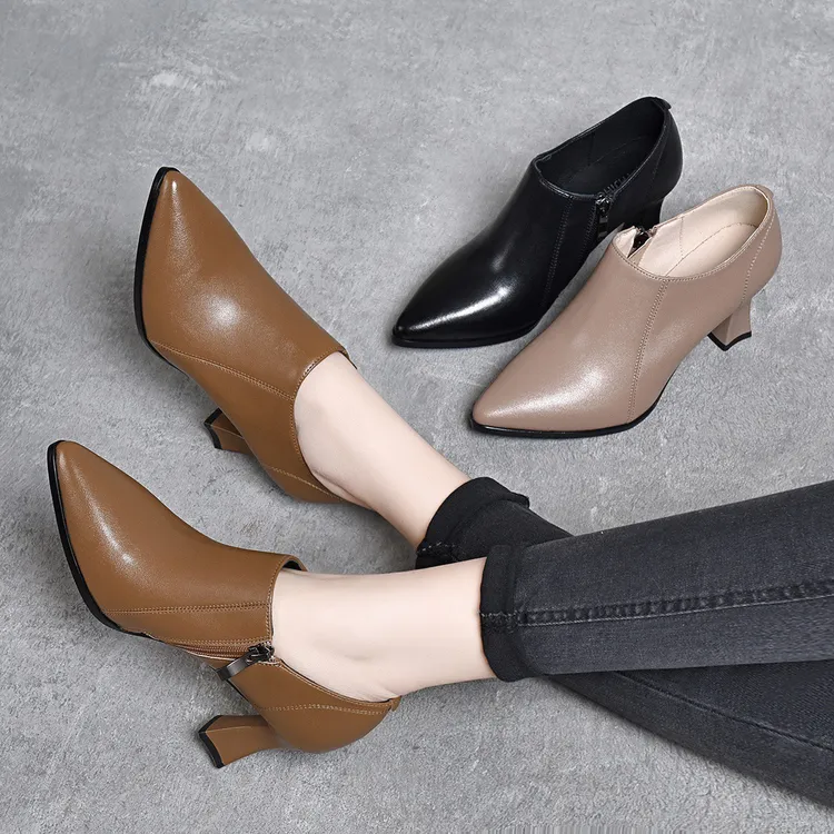 头层牛皮尖头时尚高跟鞋女春秋深口小皮鞋真皮软底单鞋女粗跟女鞋