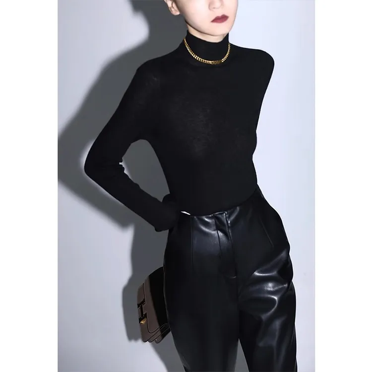 秋冬黑色针织高领打底衫女紧身内搭毛衣高级修身弹力显瘦长袖上衣