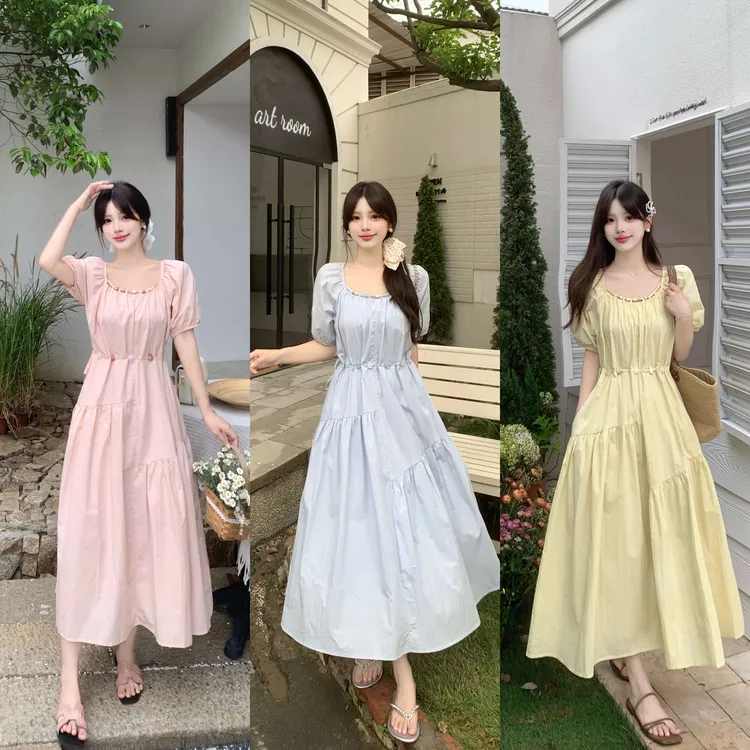 大码法式泡泡袖气质收腰连衣裙女夏季新款减龄显瘦度假中长款裙子