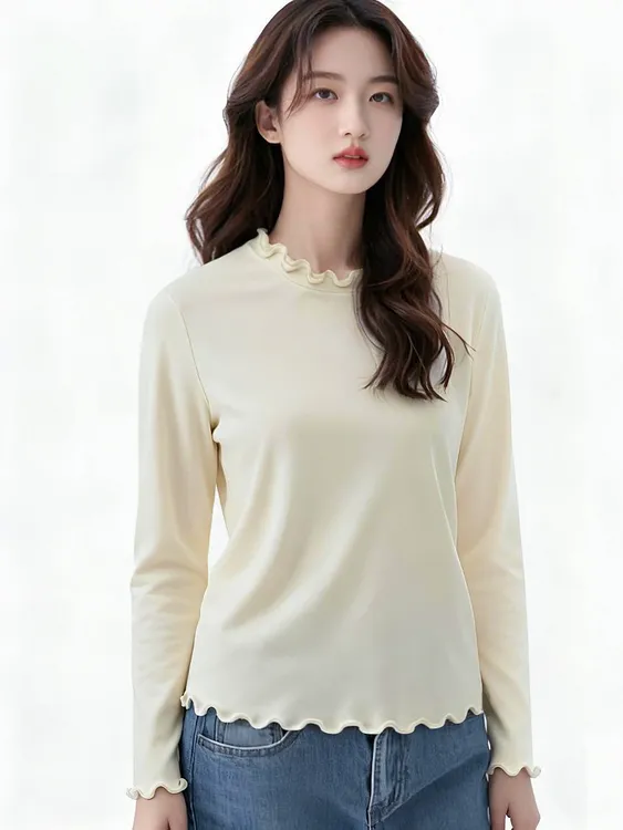 2025冬季新款双层荷叶边木耳边保暖百搭修身显瘦长袖网红洋气气质