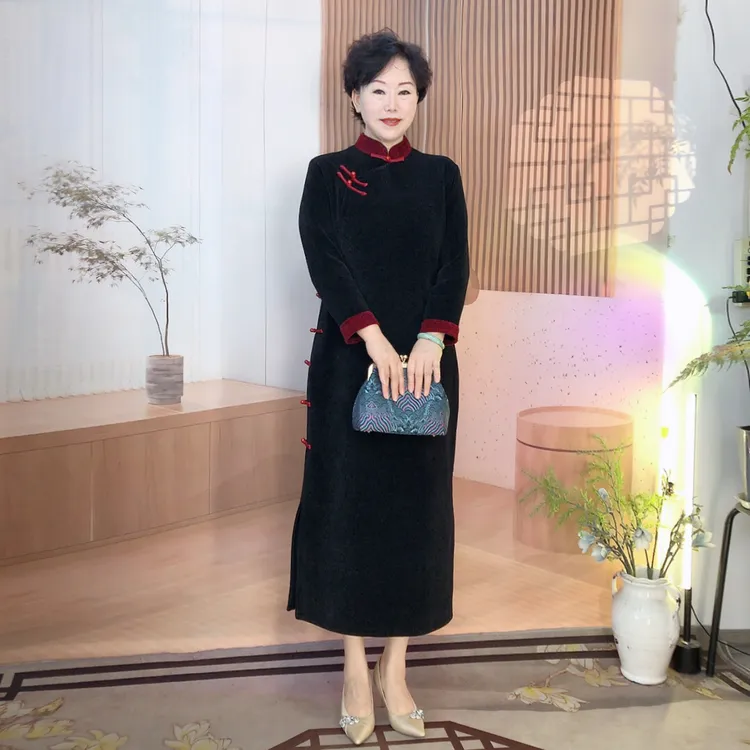 【朱墨相宜】秋冬加厚大码旗袍气质网红时尚复古中长款中国风拼接