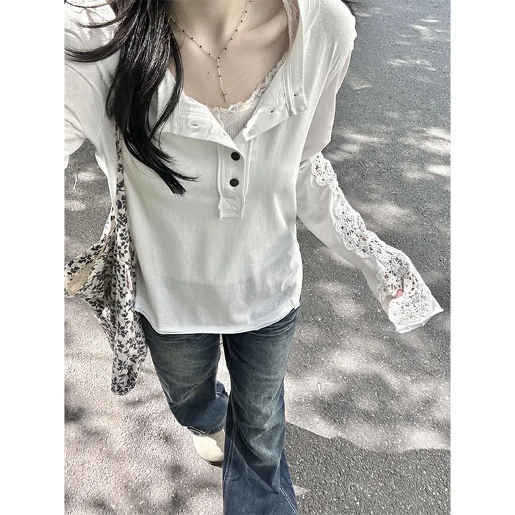 韩系温柔减龄薄款防晒罩衫上衣女夏季蕾丝镂空宽松亨利领长袖T恤